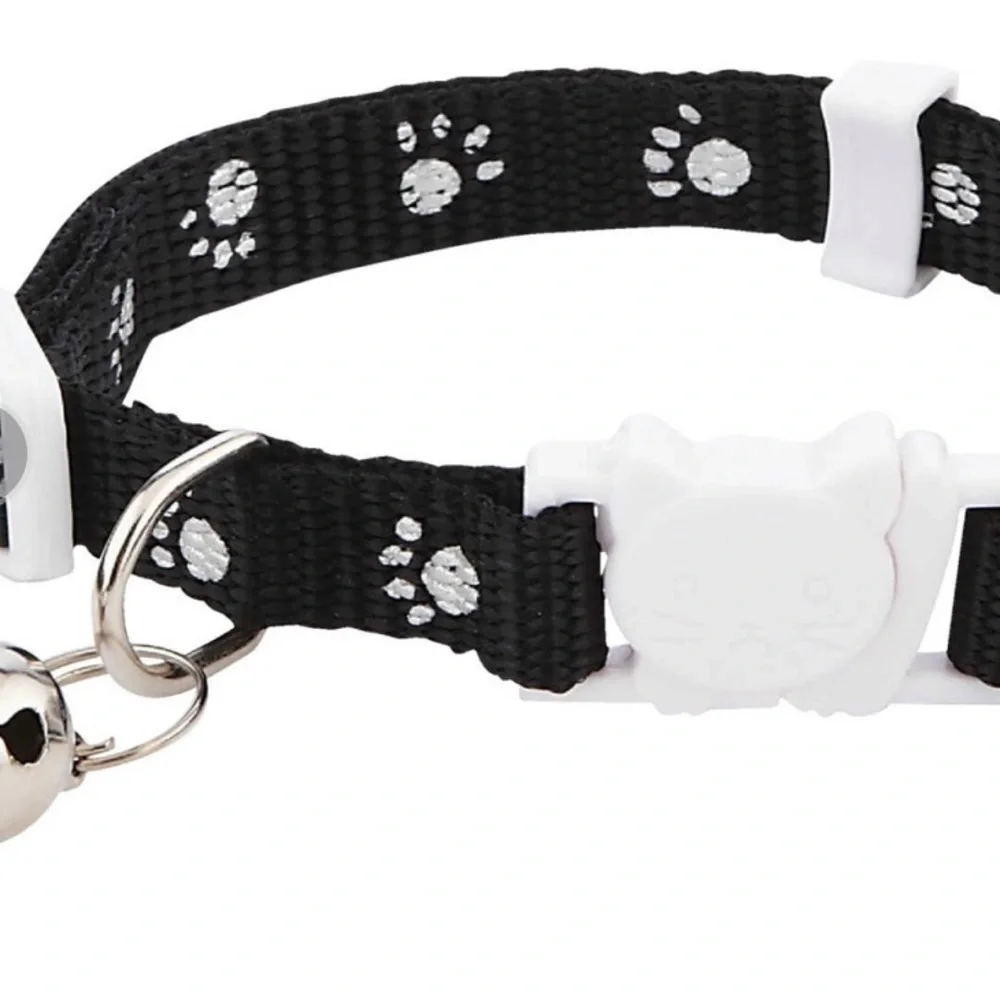 Cat Collar Reflective Adjustable Paw Print Breakaway Clasp Bell Black White 8-12